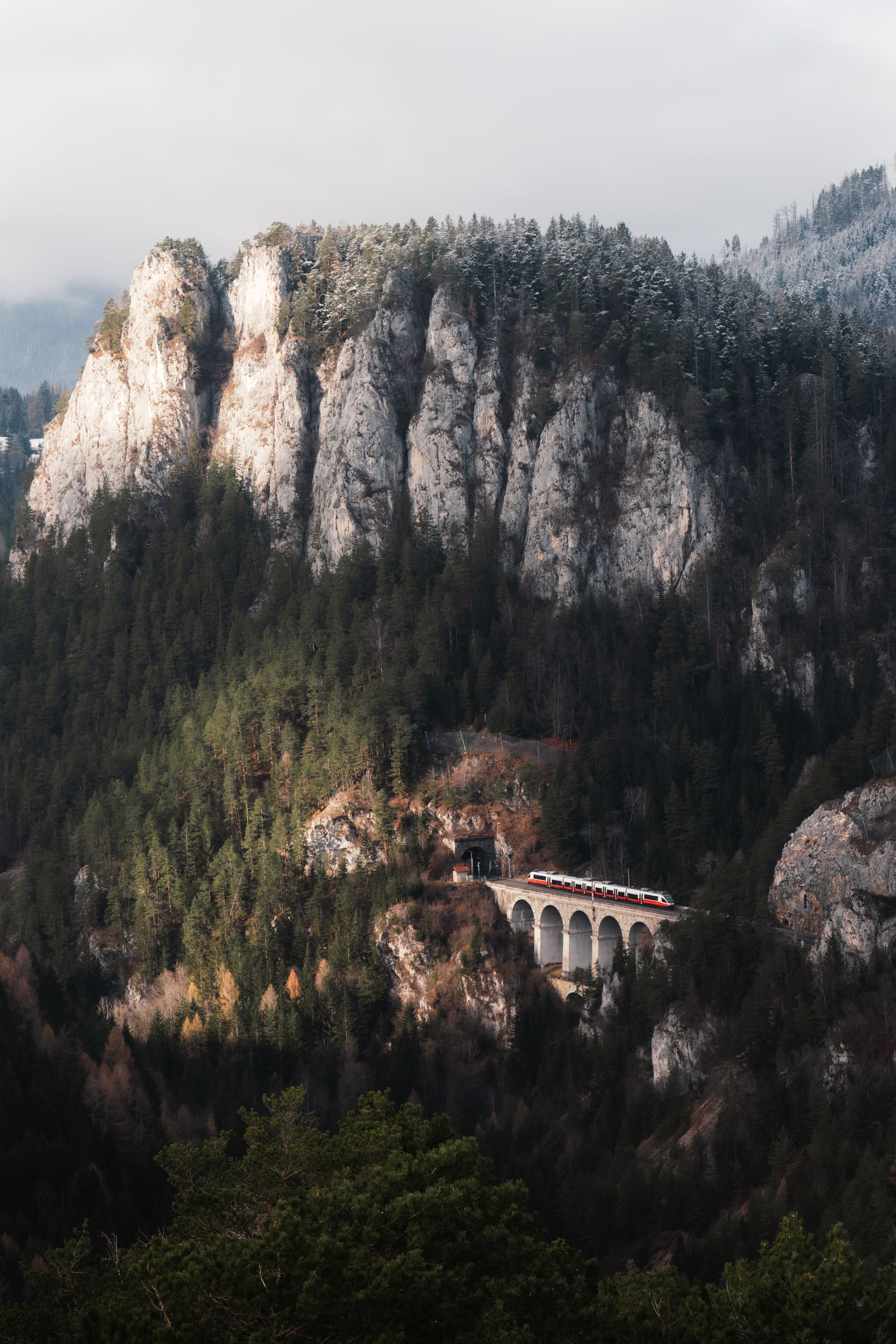 Ã–BB-Zug auf dem Semmering-Viadukt zwischen Wald, Fels und Nebel